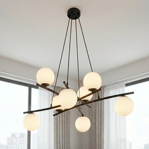 Lampa wisząca ESSA 8 OPAL klosze kule DESIGN czarna/biała