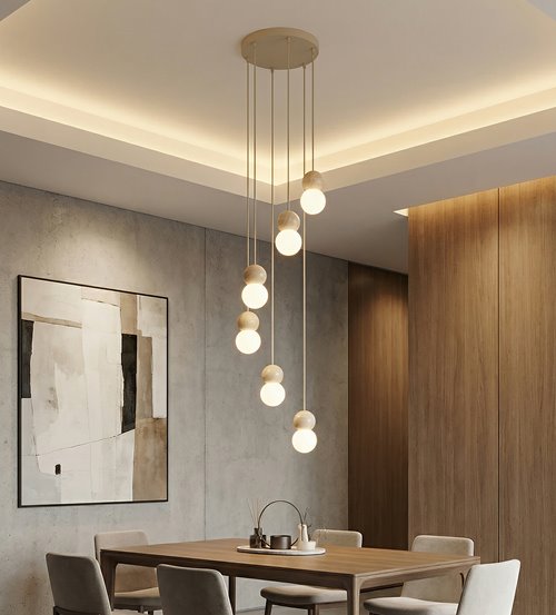 Lampa wisząca LOOP 6 MOKKA nowoczesna, beż, drewno, klosz