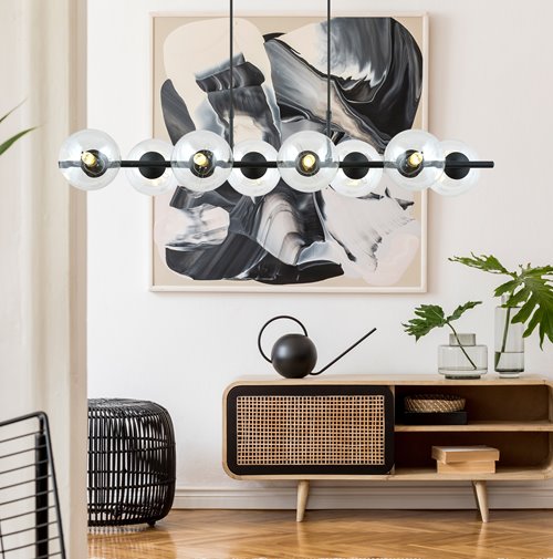 Lampa wisząca RORY 8 BLACK/TRANSPARENT loft, czarna, klosz
