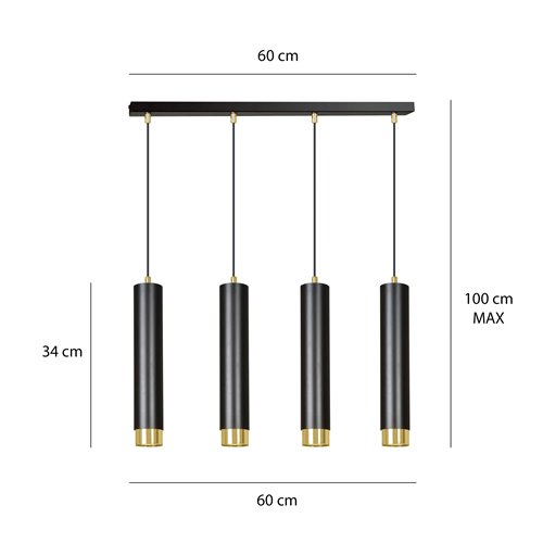 Lampa wisząca KIBO 4 BL/GOLD nowoczesna, tuby, czarno/złota