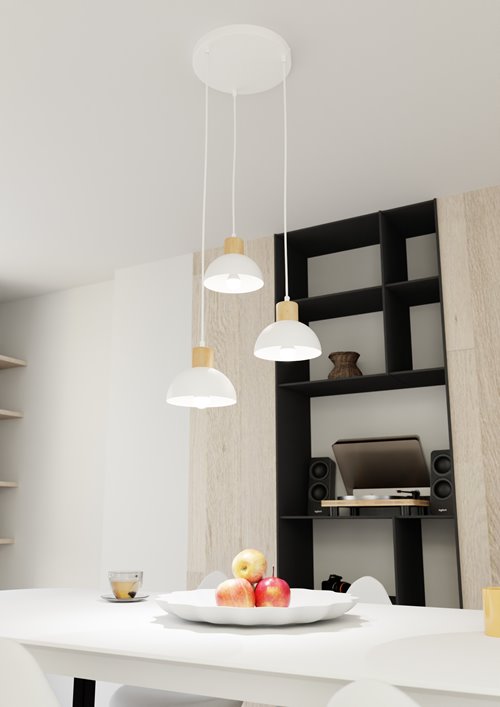 Lampa wisząca SECO 3 WH PREM, loft, metal, biała, drewno