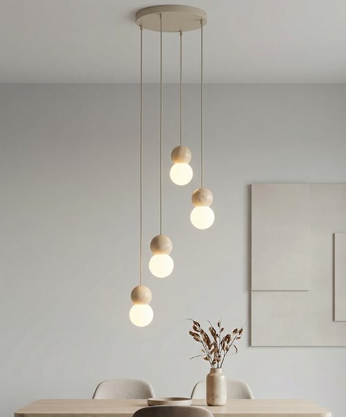 Lampa wisząca LOOP 4 MOKKA nowoczesna, beż, drewno, klosz
