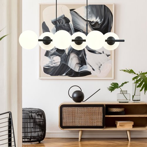 Lampa wisząca RORY 6 BLACK/OPAL loft, czarna, klosz