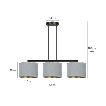 Lampa wisząca HILDE 3 BL GRAY regulowana abażur welur szary