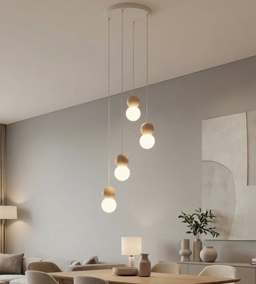 Lampa wisząca LOOP 4 WHITE nowoczesna, biała, drewno, klosz