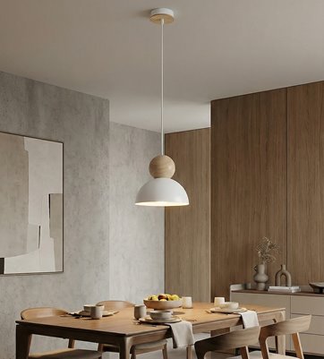 Lampa wisząca KAKI 1S WHITE nowoczesna, biała, metal drewno