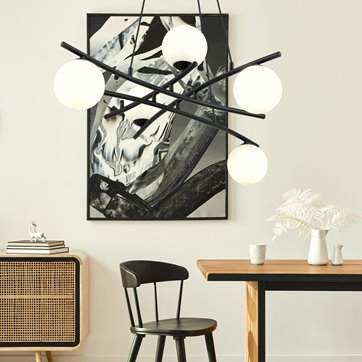 Lampa wisząca ESSA 5 OPAL klosze kule DESIGN czarna/biała