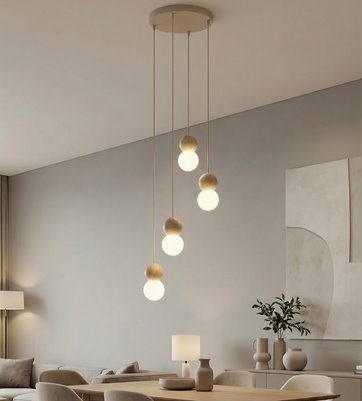 Lampa wisząca LOOP 4 MOKKA nowoczesna, beż, drewno, klosz