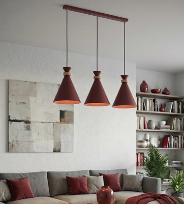 Lampa wisząca ZERO 3 BURGUNDY nowoczesna, metal, drewno