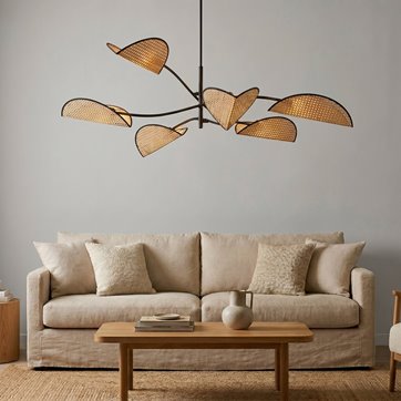 Lampa sufitowa LOTUS 6 BL NATURAL abażury, czarna, rattan