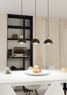 Lampa wisząca SECO 3 BL, loft, metal, czarna, drewno