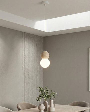 Lampa wisząca LOOP 1 WHITE nowoczesna, biała, drewno, klosz