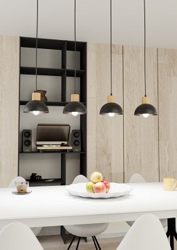 Lampa wisząca SECO 4 BL, loft, metal, czarna, drewno