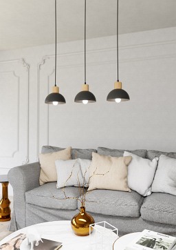 Lampa wisząca SECO 3 BL, loft, metal, czarna, drewno