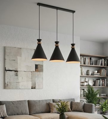 Lampa wisząca ZERO 3 BLACK nowoczesna, czarna, metal, drewno