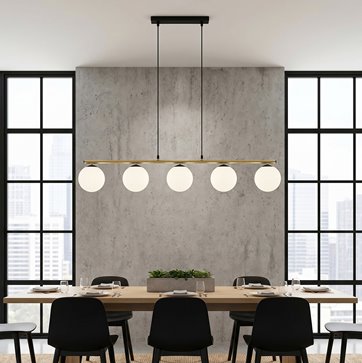 Lampa wisząca ALLORA 5 BL OPAL klosze, czarna/złota/biała