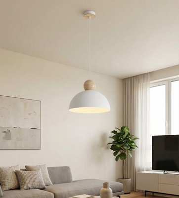 Lampa wisząca KAKI 1M WHITE nowoczesna, biała, metal drewno