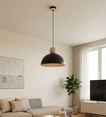 Lampa wisząca KAKI 1M BLACK nowoczesna, czarna, metal drewno