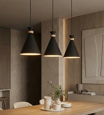 Lampa wisząca ZERO 3 BLACK nowoczesna, czarna, metal, drewno