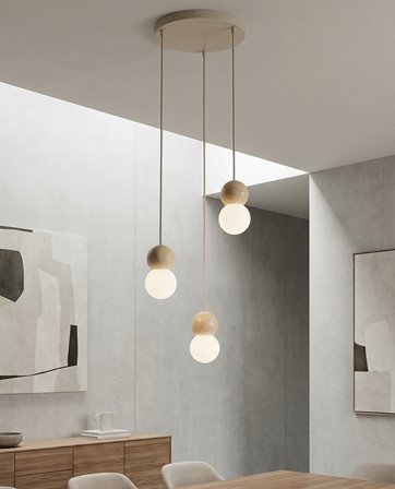 Lampa wisząca LOOP 3 MOKKA nowoczesna, beż, drewno, klosz