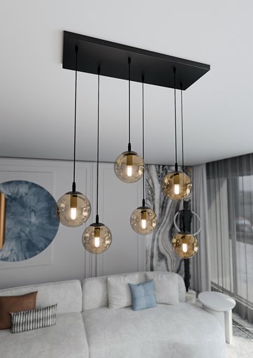 Lampa wisząca COSMO 6 BL MIODOWY loft klosze bursztyn czarna