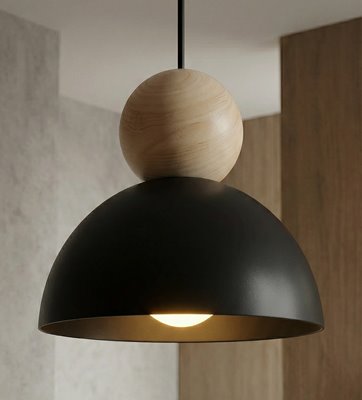 Lampa wisząca KAKI 1S BLACK nowoczesna, czarna, metal drewno