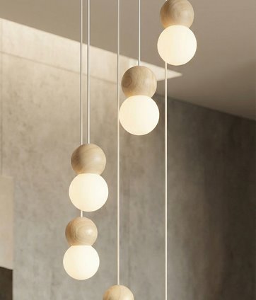 Lampa wisząca LOOP 6 WHITE nowoczesna, biała, drewno, klosz