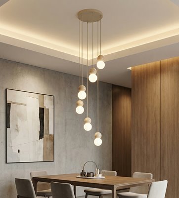 Lampa wisząca LOOP 6 MOKKA nowoczesna, beż, drewno, klosz