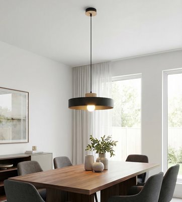 Lampa wisząca KIVI 1L BLACK nowoczesna, czarna, metal drewno